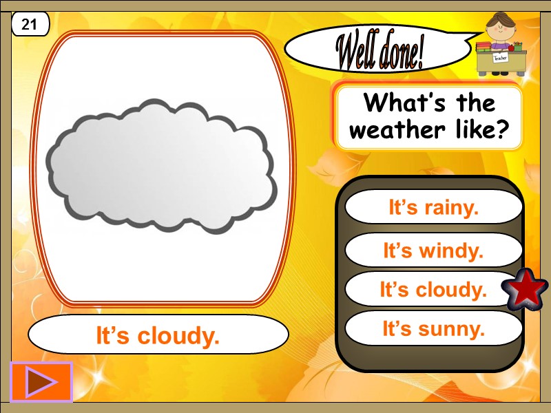 It’s cloudy. Well done! It’s cloudy. 21 It’s windy. It’s rainy. It’s sunny. What’s